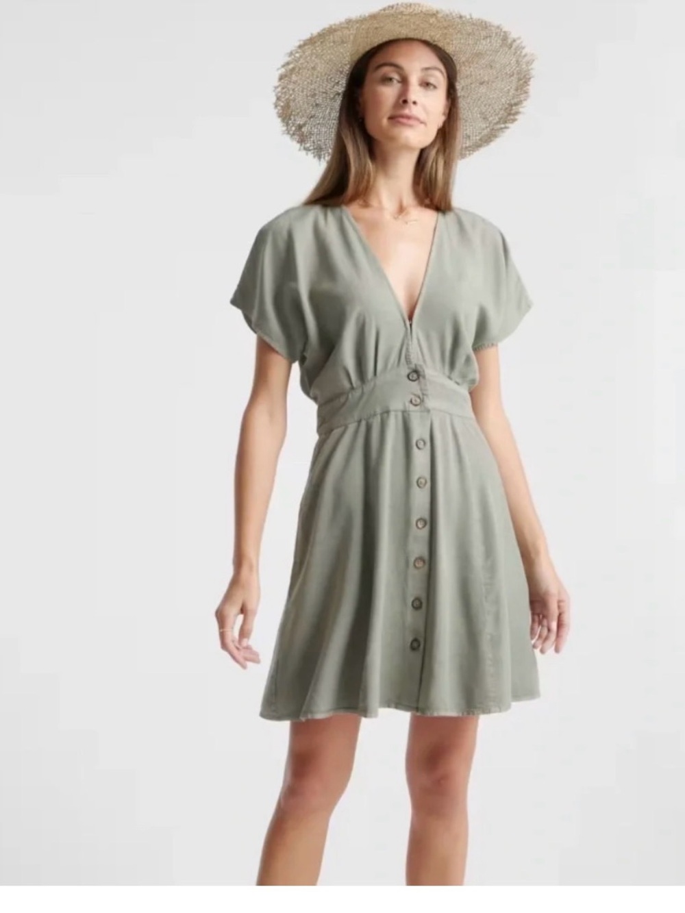 Quince Vintage Wash Tencel Button Front Dress Olive Green XL NWT